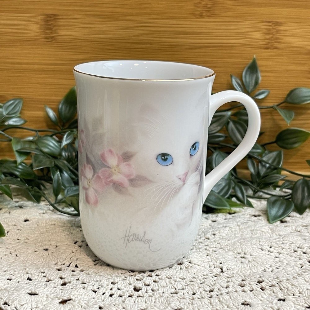 Vintage 1980s Otagiri Japan Coffee Mug White Cat Blue Eyes Flowers Bob Harrison